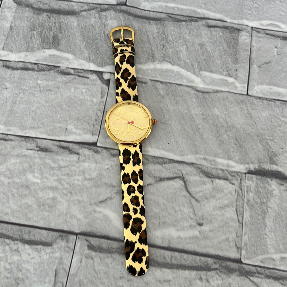 Betsey Johnson cheetah print leather watch gold and brown